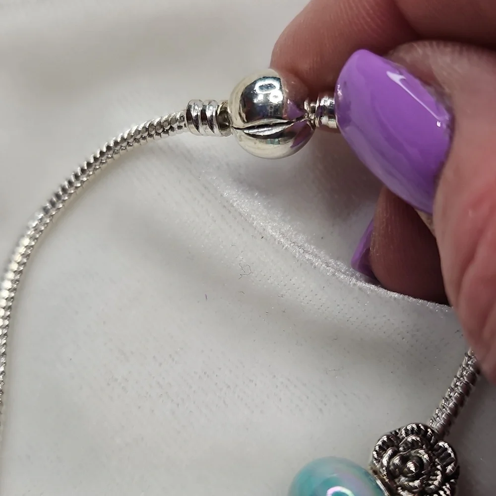 Ladies Charm Bracelet Blue Beaded Heart Angel Shoe Charm Bracelet Silver Tone